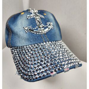 Woman's Bling Denim Hat Nautical Anchor Glass Rhinestone Brim Adult Adjustable